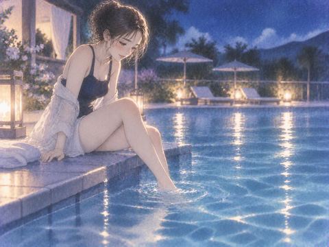 夜のプールに足先からそっと入ろうとする女性