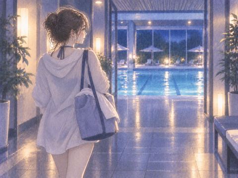 夜の施設内でプールへ向かう女性の後ろ姿