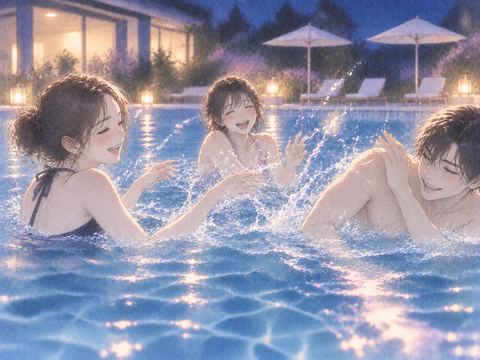 夜のプールで水をかけながら楽しそうに遊ぶ人たち