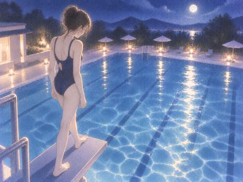 夜のプールの飛び込み台で水面を見つめる女性