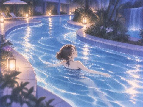 夜の流れるプールでゆるやかな流れに身を任せる人物