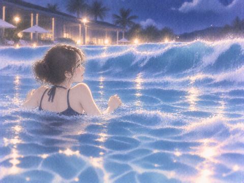 夜の波のプールで寄せる波を見つめる人物