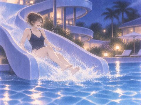 夜のプールの滑り台を滑り降りる人物