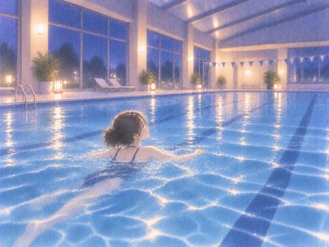 静かな夜の室内プールを泳ぐ女性