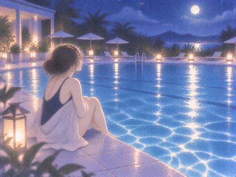 夜のプールサイドに座って水面を見つめる女性