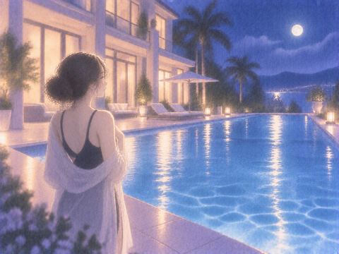 夜の豪邸のプールサイドで周囲を見渡す女性