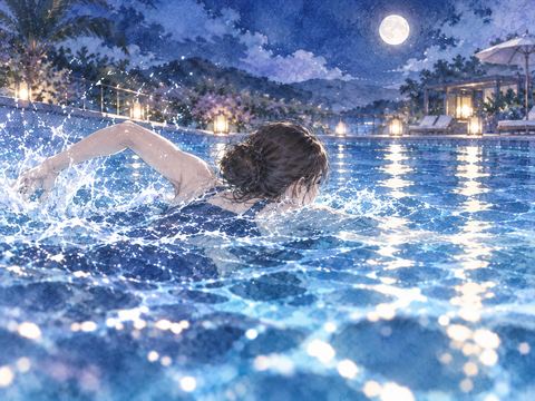 夜のプールで向こう岸を目指して懸命に泳ぐ人物