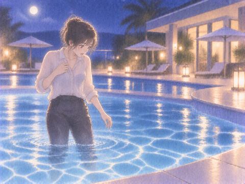 普段着のまま夜のプールに入って戸惑う女性