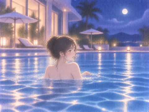 夜のプールで肩まで水につかり周囲を気にする女性