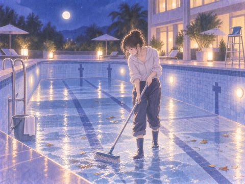 夜の空になったプールをブラシで掃除する女性