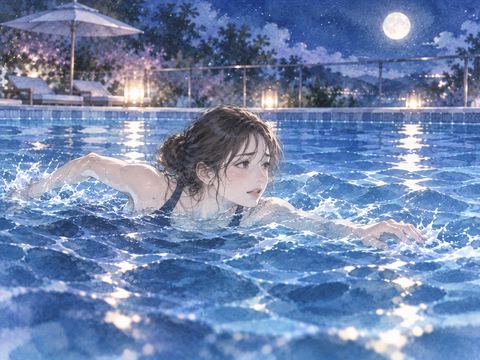 夜のプールで前に進めず戸惑いながら泳ぐ人物