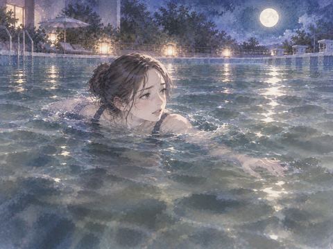 濁った夜のプールで先が見えず不安そうに泳ぐ人物