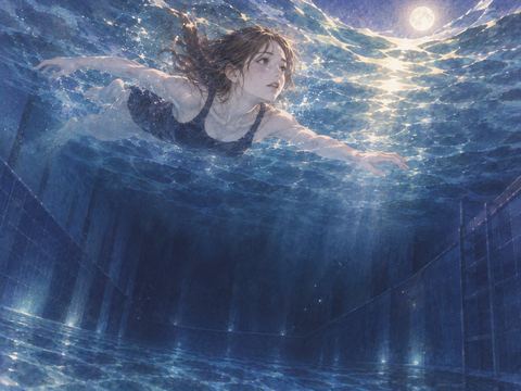 深い夜のプールで水底を見下ろしながら泳ぐ人物