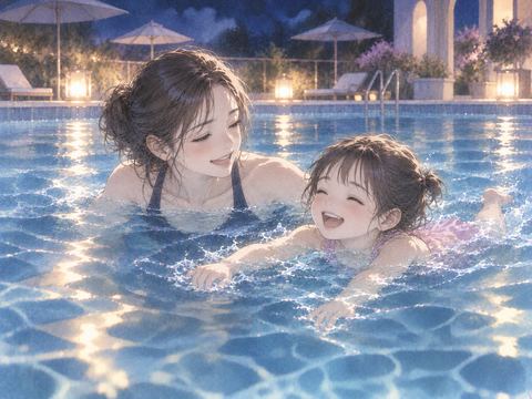 夜の穏やかなプールで子供を見守りながら一緒に泳ぐ大人