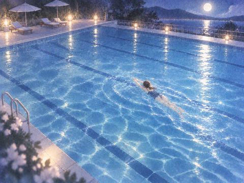 静かな夜の広いプールを一人で泳ぐ人物