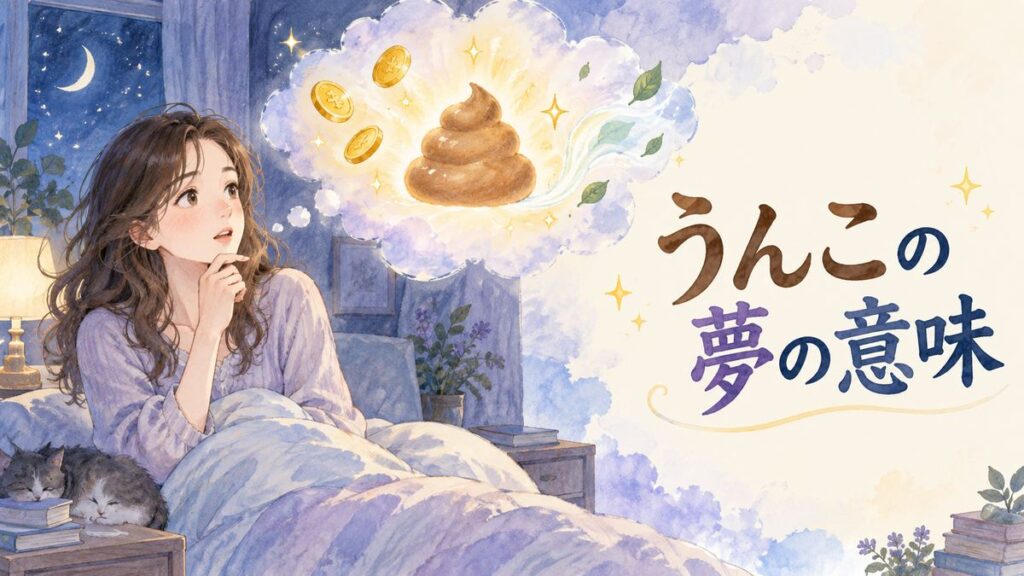 夜の部屋で夢の中のうんこのモチーフを不思議そうに見つめる大人の女性