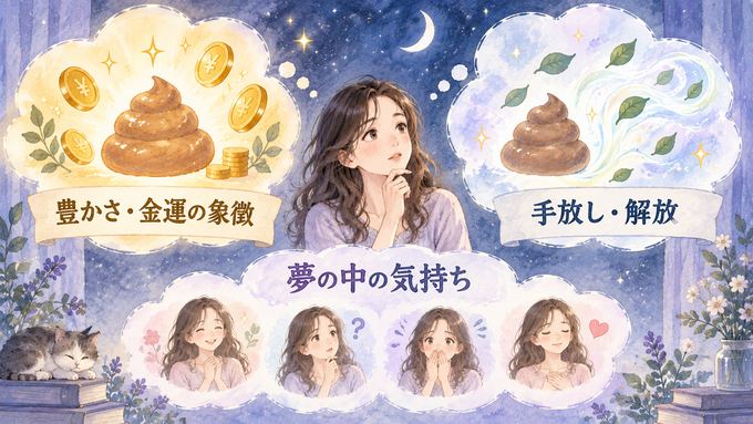 うんこの夢を豊かさと手放しの両面から見つめる女性の図
