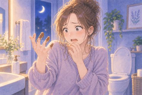 手についたうんこを驚いて見つめる人物