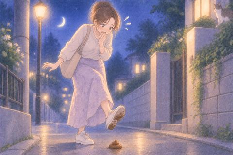 夜道でうんこを踏んで足元を見下ろす人物