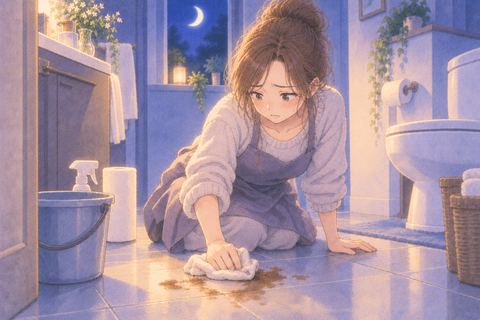 床のうんこの汚れを拭き掃除する人物