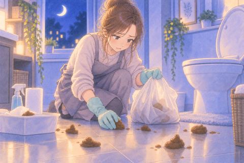 散らばったうんこを袋へ片付ける人物