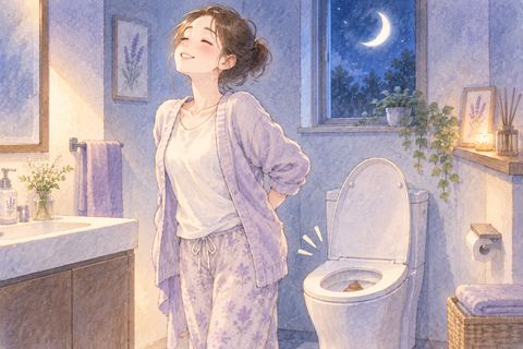 夜の清潔なトイレで排便を終え、ほっとした表情の人物