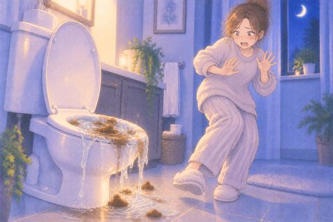 便器からうんこが溢れそうになり後ずさる人物