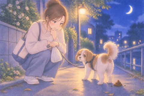 夜の散歩中に犬のうんちを見つける人物