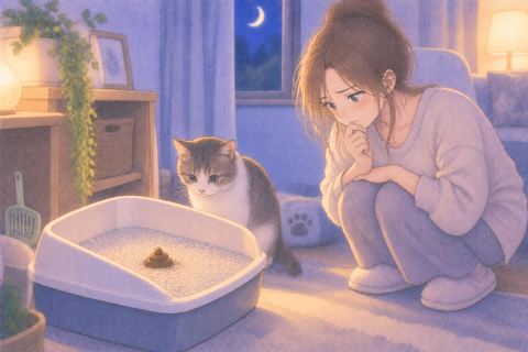 猫のトイレのうんちを見つめる人物と猫