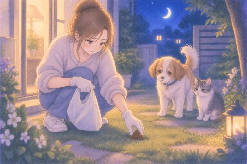 犬と猫のうんちを袋へ片付ける人物