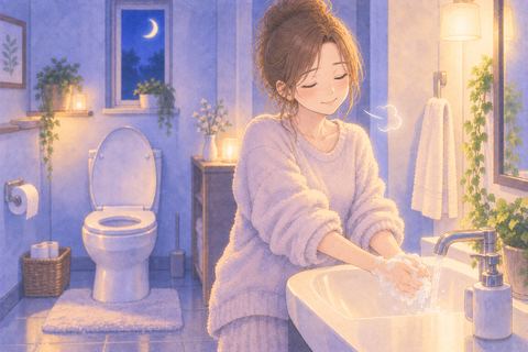 夜のトイレで排便を終え、ほっとする人物