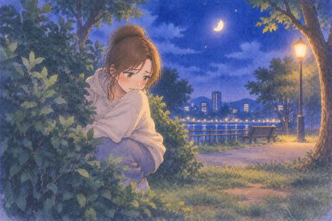 夜の屋外で周囲を気にしながら排便する人物の夢
