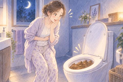大量に排便したあと便器を見て驚きながらもすっきりした人物