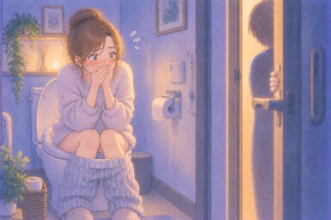 排便中にドアの向こうの人影へ気づき恥ずかしがる人物