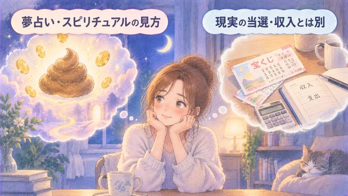 うんこの夢の金運イメージと宝くじの結果を別々に見つめる女性の図