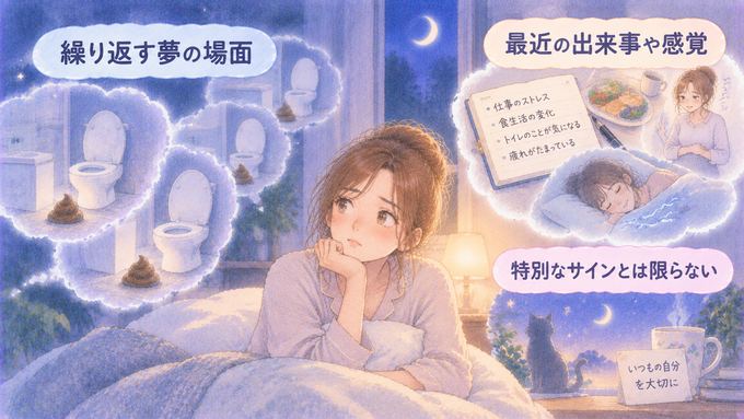 繰り返すうんこの夢と目覚めた後の感覚を振り返る女性の図