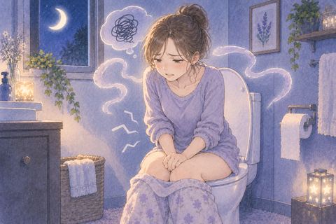 トイレで排便できず困った表情を浮かべる人物