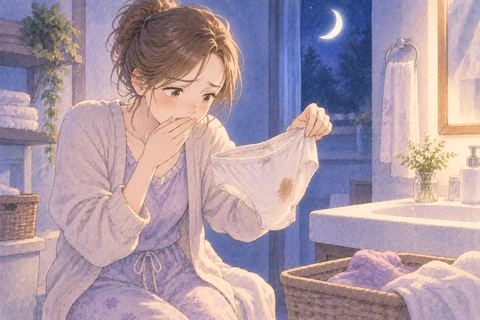 汚れた下着を見て困った表情をする人物