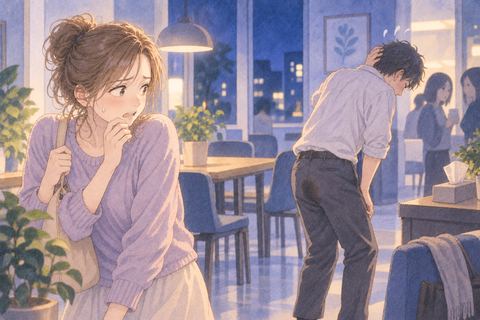 うんこを漏らして困る人と、そばで戸惑う別の人物