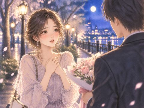 夜に告白され驚きながら喜ぶ女性