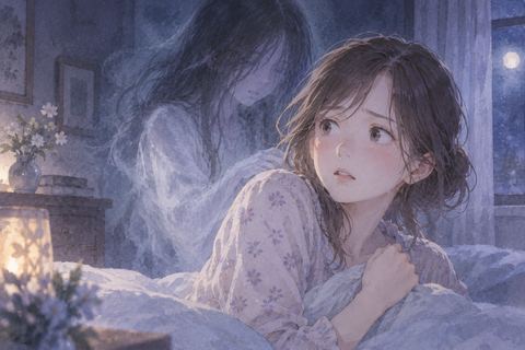 背後の淡い幽霊を気にする女性