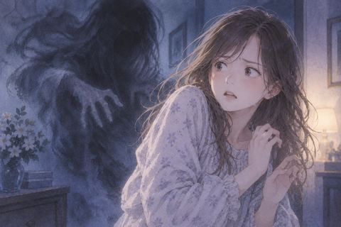 暗い影を警戒して身構える女性