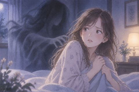 背後の影に戸惑いながら踏ん張る女性