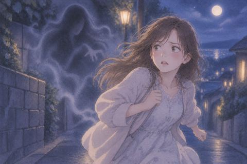 淡い影から夜道を逃げる女性