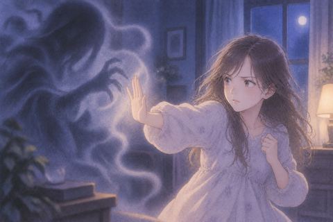 淡い影を追い払おうとする女性