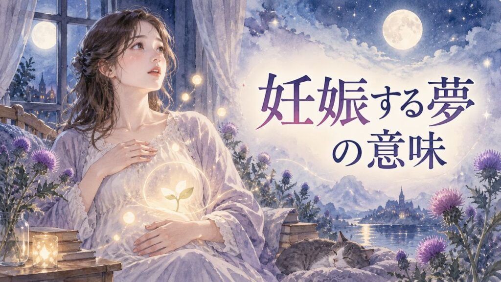 月明かりの部屋でお腹に手を添え、夢の中の淡い光を見つめる大人の女性