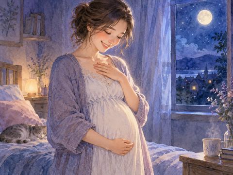 妊娠に気づき、胸元に手を添えてうれしそうに微笑む女性