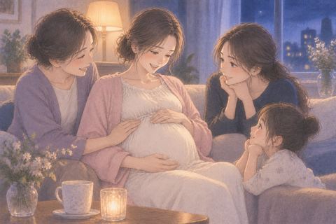妊娠した家族を囲み、静かに見守る女性たち