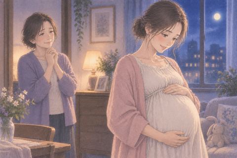 妊娠した成人の娘を少し離れて見守る母親