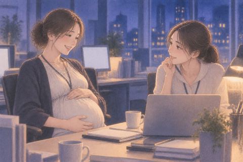 夜のオフィスで妊娠した同僚と話す女性